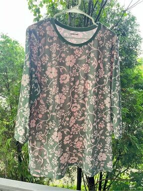 Lands' End Olive Green Floral Pattern Long-Sleeve Blouse Size Large